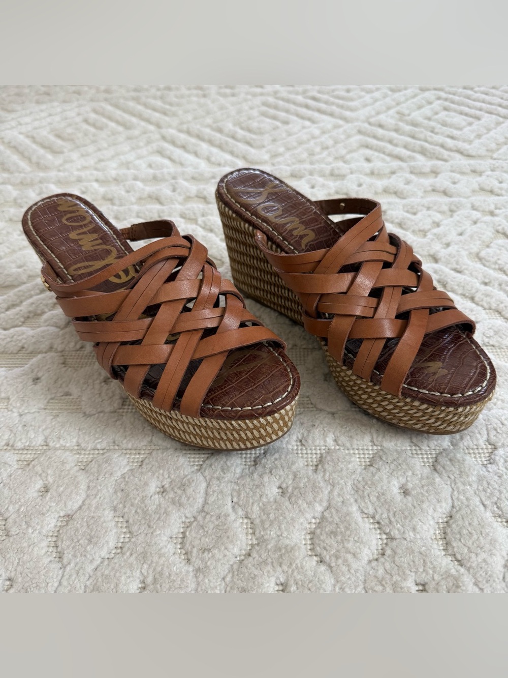 Sam Edelman Brown Leather Woven Wedge Sandal Size 9 Platform Slide Resort Summer